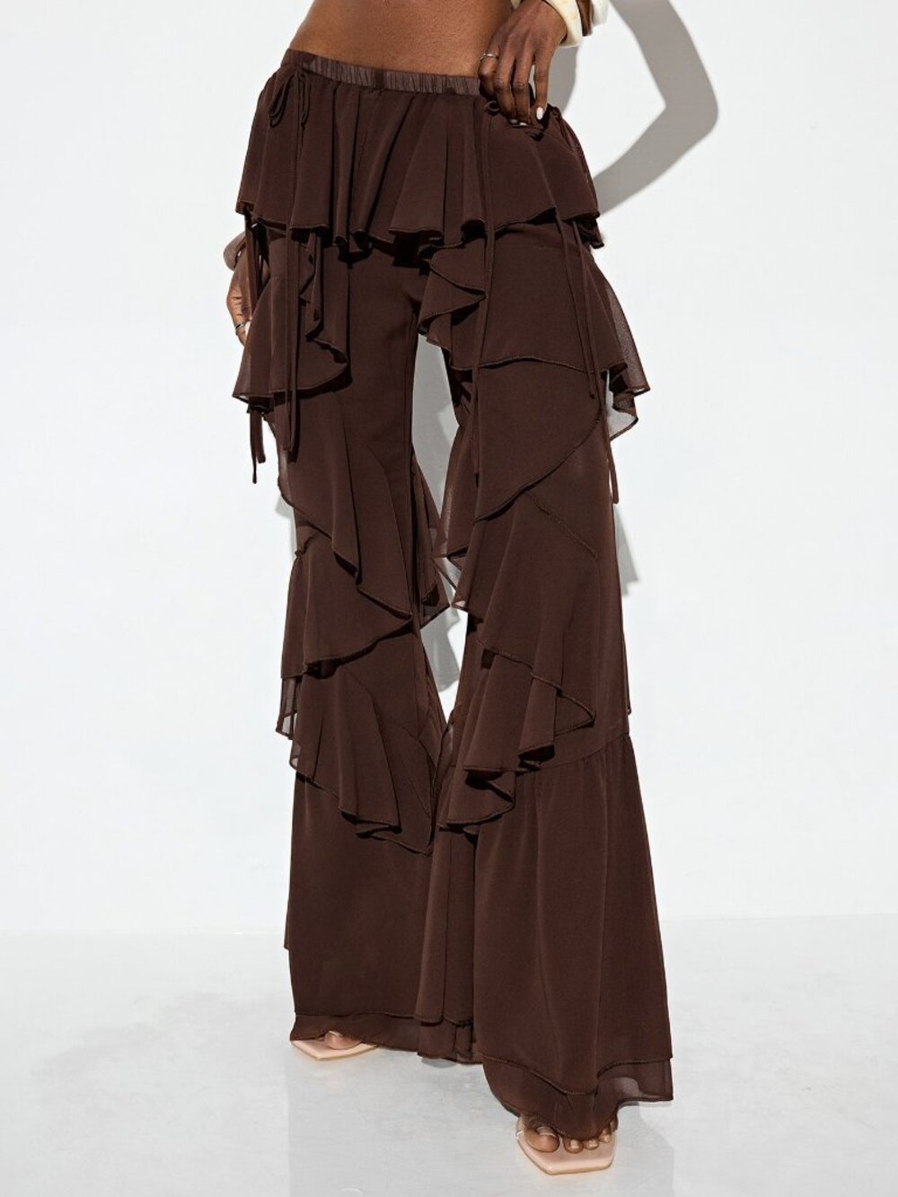 Coffee Brown Casual Women's Chiffon Low-Waisted Pants - Picture 4 of 8